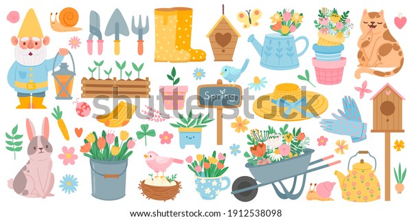 Spring\
elements. Blooming flower, cute animals and birds. Springtime\
garden decoration, birdhouse, tool and plants, drawn cartoon vector\
set. Wheelbarrow with tulips, leaves,\
boots