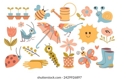 Spring elements. Blooming flower, springtime garden decoration, cute birds, insects. Poster, card, scrapbooking, sticker kit. Hand drawn vector. 