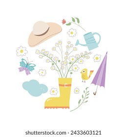 Spring elements circle composition set isolated on white background. Flowers, rubber boots and hat, bird umbrella round emblem. Vector flat illustration.