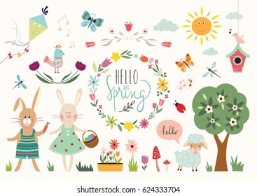 Spring elements collection with decorative elements and floral wreath