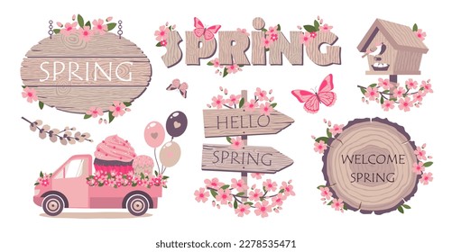 Spring elements collection. Wooden signs with cherry blossom branches. The letters SPRING from wood. A birdhouse with a nest. A car with flowers and balloons. Illustrated vector elements set.