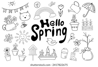 Spring elements doodle set with handwritten lettering hello spring. Line art. Flowers in pots watering can, birds, sun, rainbow. Hand drawn style. Gardening, springtime concepts.