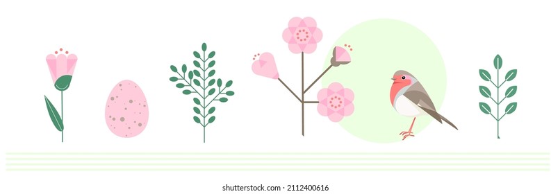 Spring elements for greeting card design. Blossom tree and garden robbin with flowers ans plants. Geometric vector illustration. 