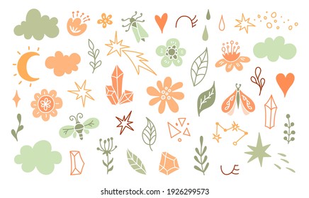Elementos de primavera. Elemento de diseño floral escandinavo. Conjunto de diseño de bebé boho lindo. Colección de símbolos de la naturaleza decorativa. Creador para niños y grabaciones de guardería.