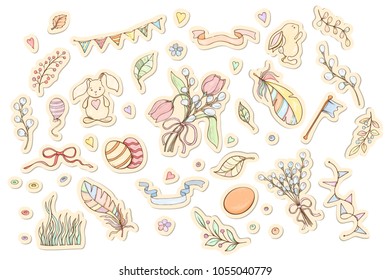 Spring elements set can be used for holiday cards, invitation, postcard, banner or website. Hand drawn illustration of flowers, leaves, feathers, balloon, bunny etc.