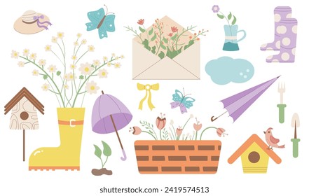 Spring elements set isolated on white background. Flowers, rubber boots and hat, bird, umbrella and birdhouse.Vector flat illustration.