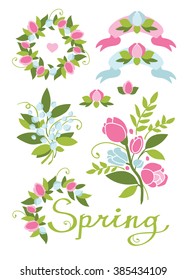 Spring elements set.  Romantic. Wedding. Decor. Pastel colors. Light background. Bouquet, flowers, lettering, ribbon, wreath. Vector.