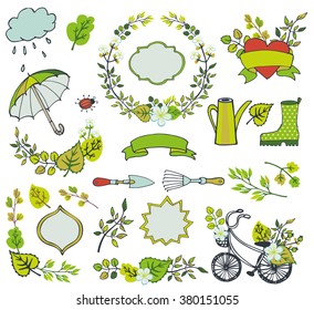 Spring elements.Vector Leaves ,tree branches,flowers,garden tools,bike,ribbons and labels,badges shapes,umbrella.Hand drawing colored doodle set.Plant decorations,spring green vector illustration.