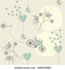 Spring endless pattern with gifts, balloons, bike and flowers can be used for wallpaper, cards, covers, designs fabric and more creative designs.