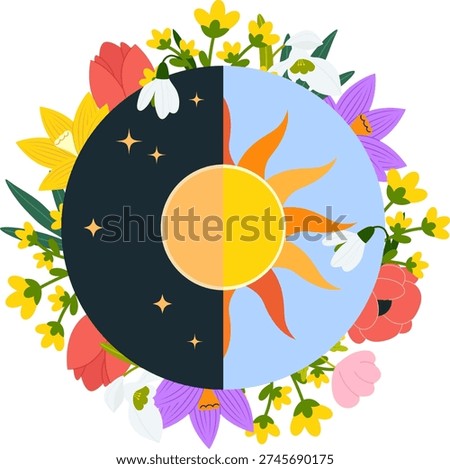 Spring equinox concept illustration with sun and moon symbol day and night equality. Harmony and nature awakening with blooming flowers like snowdrops, tulips, and primroses. Bright floral elements celebrating vernal season, renewal, and fresh springtime growth in flat vector style.