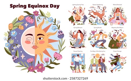 Spring Equinox Day illustration captures the essence of renewal and transformation with activities like house cleaning, nature awakening, and the return of migratory birds. A celebration of seasonal