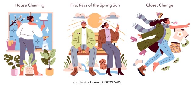 Spring Equinox Day illustration. Three scenes reflect seasonal changes: house cleaning, enjoying the sun with friends, and refreshing a wardrobe. Celebrates renewal and transitions of spring.