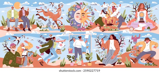 Spring Equinox illustration. Represents the arrival of spring with vibrant scenes of nature, outdoor activities, and communal celebrations. Highlights renewal, growth, and joy of longer days. Vector