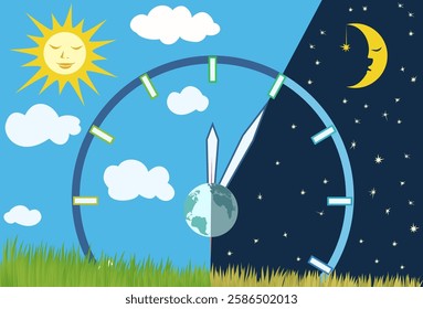 Spring Equinox occurs 20 March. Day becomes longer than night. Clock divided day and night. Sun representing daytime, moon and stars - nighttime, emphasizing balance. Wheel of the Year Illustration.