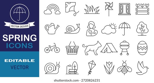 Paquete de iconos de equipos de primavera. Conjunto de 24 iconos relacionados con la bicicleta, vacaciones, bicicleta, cometa, corazón, mariposa, sol, rosa, naturaleza, huevo, gato, fuegos artificiales y más. Ilustración vectorial editable.