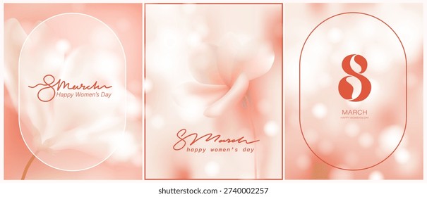 Spring ethereal gentle pink and white magnolia, abstract flower. Blurred unfocused background with flower. Soft gradient. Delicate macro botanical, natural vector illustration. 8 March lettering.