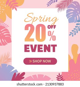 banner del evento de primavera con varios patrones de plantas. sentimiento fresco