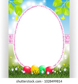 Spring event card template. Label for custom text and ornament frame. Colorful eggs at green lawn with flowers and butterflies. Shining Nature background. Vector illustration.