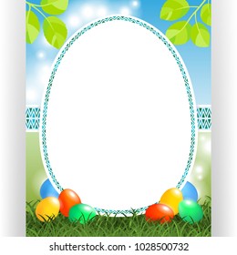 Spring event card template. Label for custom text and ornament frame. Colorful eggs at green grass. Shining Nature background. Vector illustration.