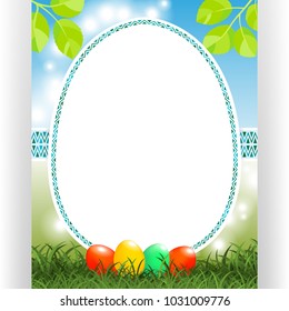 Spring event card template. Label for custom text and ornament frame. Colorful eggs at green grass at shining Nature background. Vector illustration.