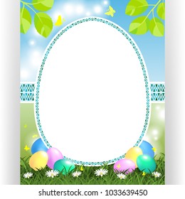 Spring event card template. Label for custom text and ornament frame. Eggs at green grass with flowers and butterflies. Shining Nature background. Vector illustration.