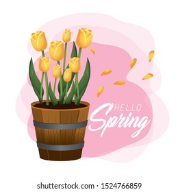 spring with exotic roses plants and leaves inside flowerpot vector illustration