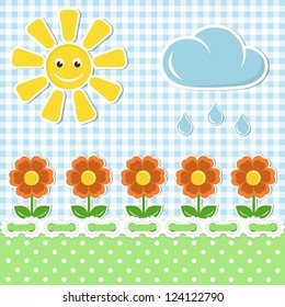 Spring fabric background with sun and flowers