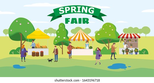 Spring Fair festival. Food street fair, market family festival. People walking eating street food, shopping, have fun together. Tents, awnings, canopy. Vector illlustration isolated