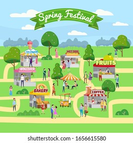 Spring Fair festival. Food street fair, market family festival. People walking eating street food, shopping, have fun together. Tents, awnings, canopy. Vector illlustration isolated