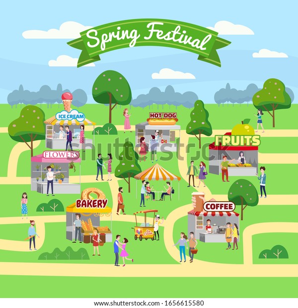 Spring\
Fair festival. Food street fair, market family festival. People\
walking eating street food, shopping, have fun together. Tents,\
awnings, canopy. Vector illlustration\
isolated