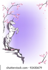spring fairytale background with rearing unicorn among blooming trees