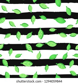 Spring falling leaves color seamless vector pattern. Ornate green foliage and brushstroke strips