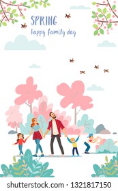 Spring. Family Day. Cute Poster Of Spring Time, Vector Drawn Illustrations Of A Happy Family In Nature.