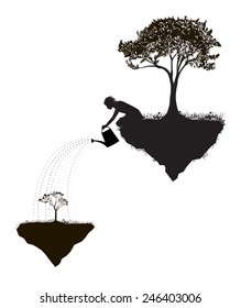 Spring fantasy, fairytale summer, magic garden, boy waters the tree tree on flying rock, black and white, shadows 