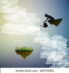 Spring fantasy, fairytale summer, magic rain, boy or god  waters the flowers on flying rock, black and white, shadows 