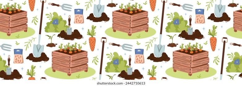 Patrón de agricultura y jardinería de primavera. Plántula de zanahoria en caja de madera. Cultivando verduras. Plántulas, pozo de siembra. Pala de herramientas agrícolas. Fondo para textil, papel pintado. Ilustración vectorial.