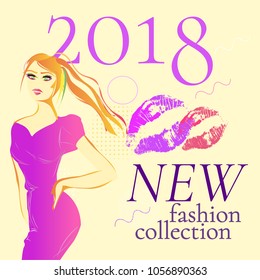 Spring fashion banner with a girl as a model using violet dress and accessories. online shopping, sale poster. Vector illustration bright yellow background  and geometric shape gold