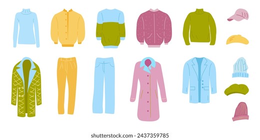 Ropa de moda de primavera para mujer. Vestuario básico. Diferente colección de ropa. Ilustración vectorial gráfica plana aislada sobre fondo blanco.