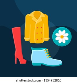 Spring fashion flat concept vector icon. Shopping idea cartoon color illustrations set. Clothing store. Clothes and shoes. Womens outfit. Coat, boots, high heels. Isolated graphic design element