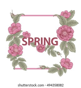 Spring. Fashion graphic design. Square floral frame. Poster with roses and leaves.