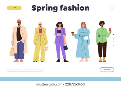 Spring fashion landing page design template with beautiful woman character wearing trendy outfit