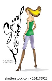 Spring Fashion model. Sketch. Vector illustration.