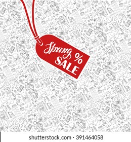 Spring fashion  pattern background.Sale poster with tag.Vector hand drawing womens clothing,doodle sketch backdrop.Women wear.Outline elements for spring season.Fashion illustration,wallpaper