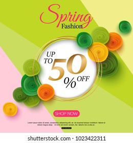 Spring fashion sale banner with paper flowers for online shopping