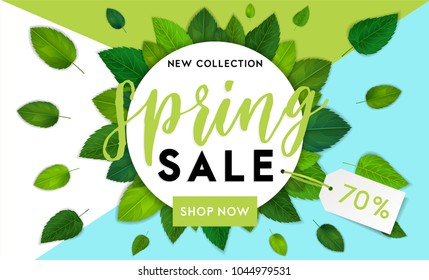 Spring fashion sale flyer template with lettering. Bright fresh green leaves concept. Poster, card, label, banner design. Bright geometrical background. Vector illustration EPS10
