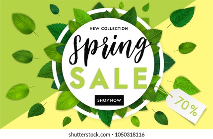 Spring fashion sale flyer template with lettering. Bright fresh green leaves concept. Poster, card, label, banner design. Bright and stylish geometrical background. Vector illustration EPS10