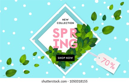 Spring fashion sale flyer template with lettering. Bright fresh green leaves concept. Poster, card, label, banner design. Bright and stylish geometrical background. Vector illustration EPS10