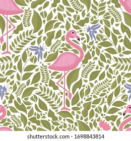 Spring fashion seamless pattern with pink flamingos and green leaves, blue and pink flowers. Design for fabric, Wallpaper, textiles