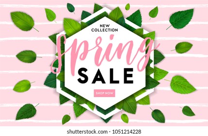 Spring fashion style sale flyer template with lettering. Bright fresh green leaves concept. Poster, card, label, banner design. Bright and stylish striped background. Vector illustration EPS10