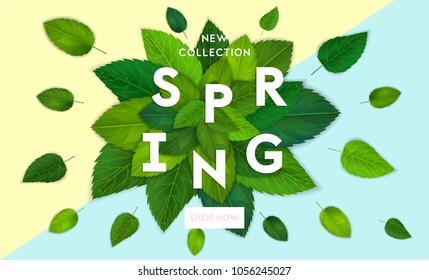 Spring fashion style sale flyer template with lettering. Bright fresh green leaves concept. Poster, card, label, banner design. Bright and stylish geometric background. Vector illustration EPS10
